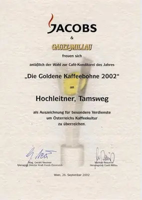 Ein Zertifikat, Auszeichnung, Logo oder anderes Dokument, das in der Unterkunft Pension Hochleitner am Schloßpark ausgestellt ist