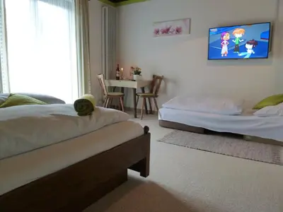 Ein Bett oder Betten in einem Zimmer der Unterkunft Pension Schöne Aussicht